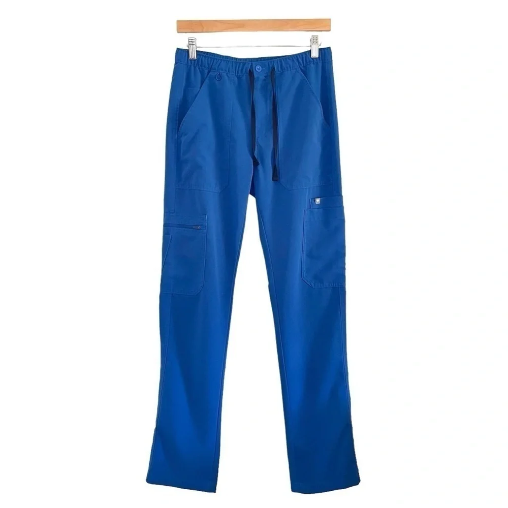 Figs Cairo Cargo Scrub Pants Drawstring Zip Fly Nine Pockets Royal Blue XS
